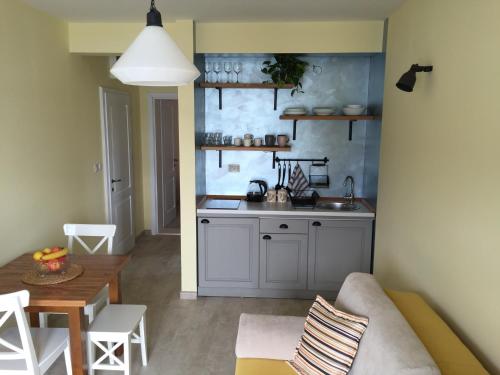 una cucina con divano e tavolo in una camera di Apartments Seaside Baosici a Herceg-Novi
