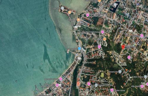 a map of a beach with pink circles on it at V222 Zen Sea View Villa Pool, Hot Tub & Chess in Plai Laem