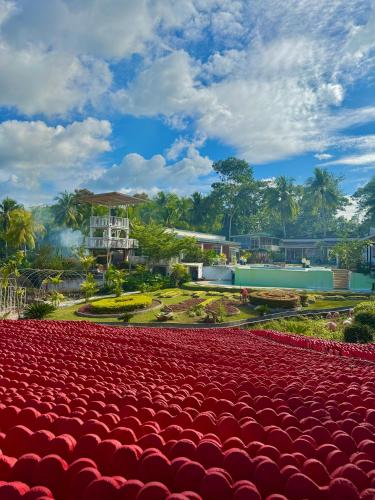 an auditorium with red seats in front of a building at Jardin De Ysabelle in Tagpupungan