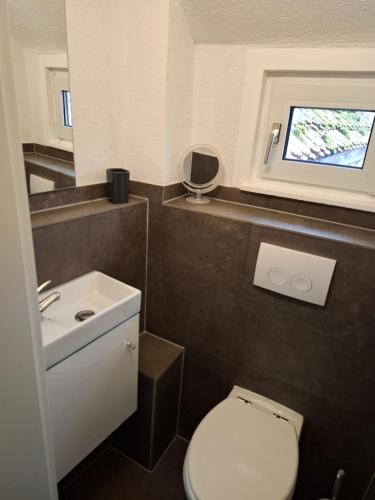 a bathroom with a white toilet and a sink at GR ooms-Rent in Gemmrigheim