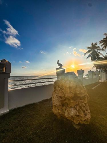 a statue of a bird sitting on a rock near the ocean at Villa Las Tres Gaviotas I in Salinas