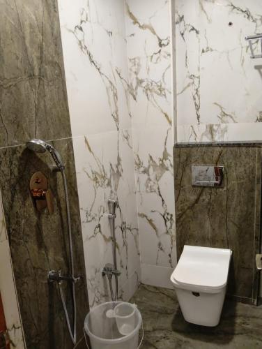 a bathroom with a toilet and a shower at Alpine Cloud Resort in Yercaud
