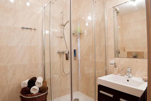 een badkamer met een douche en een wastafel bij Apartament 44 in Grzybowo