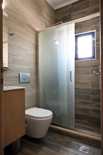 a bathroom with a toilet and a glass shower at Calypso in Agia Roumeli