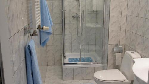 een badkamer met een douche, een toilet en een wastafel bij Apartament Żeglarski in Kołobrzeg