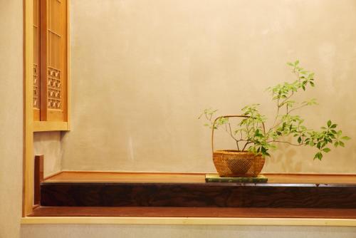 a potted plant sitting on a wooden shelf at 高尾山すぐ貸切villa都心から70分自然豊か貸切サウナ道志ツーリングBBQ焚火花火日本庭園 in Sagamihara