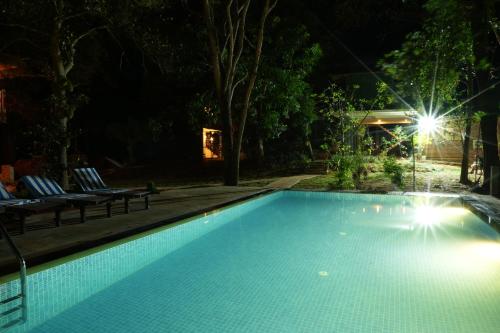 a swimming pool at night with lights on it at Isanka Lion Lodge in Sigiriya