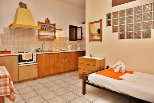 a room with a kitchen and a bed in it at Pelagos Beachfront in Panormos Skopelos