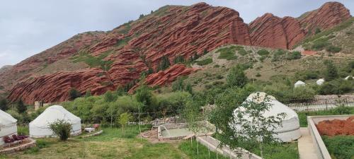 a mountain with domes and trees in front of it at Kyz Zhibek in Dzhetyoguz