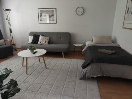 a living room with a bed and a couch at Honkatilat majoitus as 4 in Kajaani