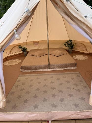 a bed in a canvas tent with two plants at Ilmjärve Glamping in Myza Ilʼmyarve