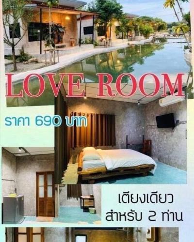 a collage of two pictures of a bedroom and a pool at Ban Nokhook New in Chanthaburi