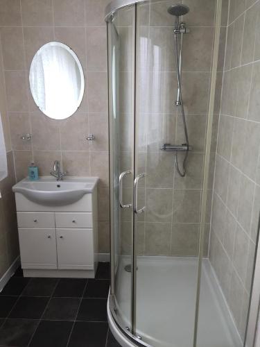 a bathroom with a shower and a sink at Bryn Derwen in Rhayader