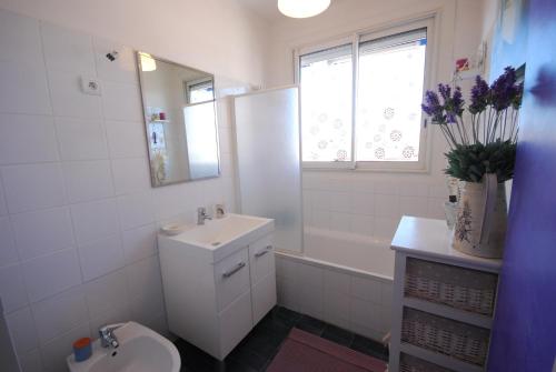 カンヌにあるPalm Beach Appartement Proche Merのバスルーム(洗面台、トイレ、バスタブ付)