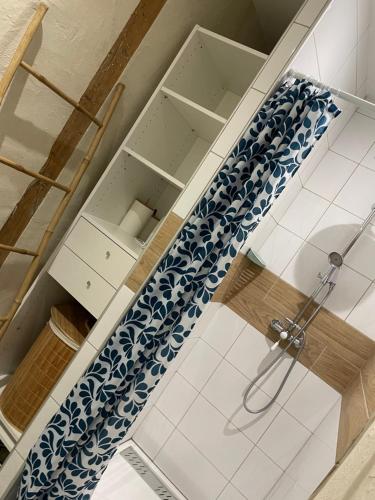 La salle de bains est pourvue d'un rideau de douche. dans l'établissement Appartement centre de Charlieu, à Charlieu