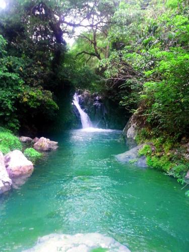 a waterfall in the middle of a river at Lafyu Bali in Singaraja
