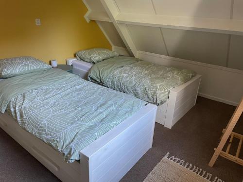 two twin beds in a room with at Enjoy the space and countryside at Het Hofhuys in Oosterwolde