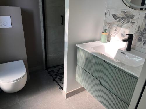 a bathroom with a white sink and a toilet at Chambre du mont saint Michel in Bacilly