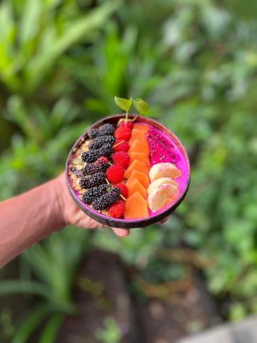 a person holding a bowl of fruit in their hand at Pondok Is Oke Bamboo Lodge in Licin