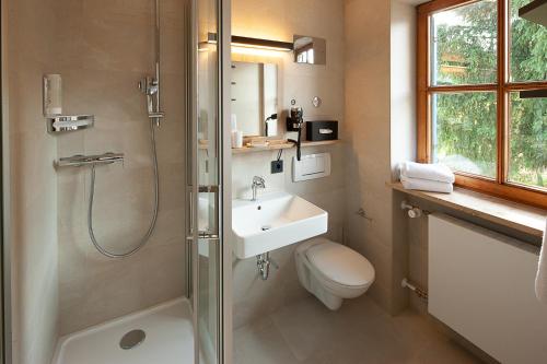 a bathroom with a shower and a sink and a toilet at Berger's Bergsicht by edita in Scheidegg