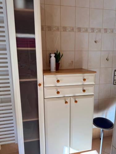 a white cabinet with a plant on top of it at gemütliches Vierbettzimmer in Größing