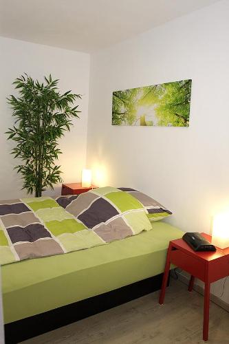 a bedroom with a bed with two lamps and a plant at business + life apartment ferienwohnung in Ransbach-Baumbach