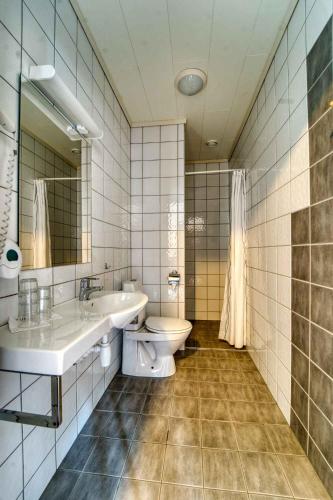 a bathroom with a toilet and a sink and mirror at Sølvgarden Hotel in Rysstad