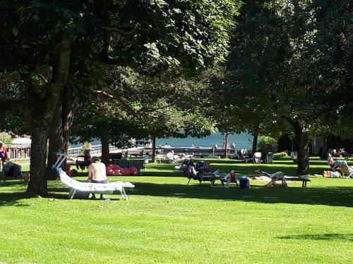 a park with people sitting on benches in the grass at VERONIKA Haus KMB Seeappartement am Ossiacher See mit direktem Seezugang und Hallenbad in Tschöran