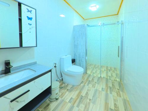 a bathroom with a toilet and a glass shower at Tropico villa in Ukulhas