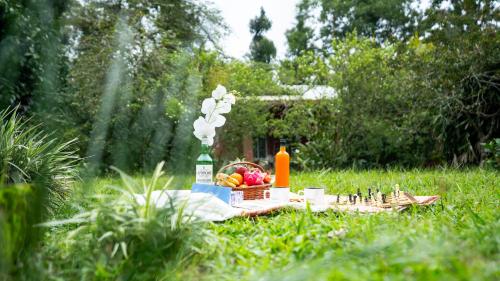 a picnic with a basket of fruit on the grass at SaffronStays Robin Woods in Kenchamman Hoskota