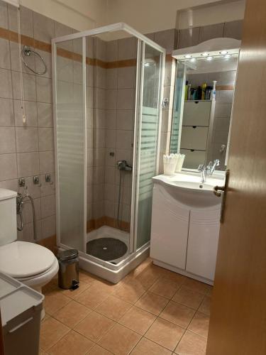 a bathroom with a shower and a toilet and a sink at Saronida Beachwalk Stay in Saronida