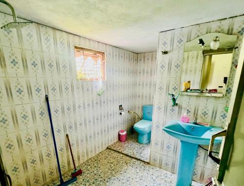 a bathroom with a blue toilet and a sink at DK Paddy Field Villa in Unawatuna in Unawatuna