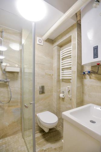 a bathroom with a toilet and a shower and a sink at 60 Vėtrungių in Neringa