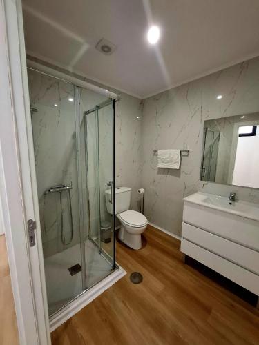 a bathroom with a shower and a toilet and a sink at Casa Sambinho II Bela Vista in Rio Caldo