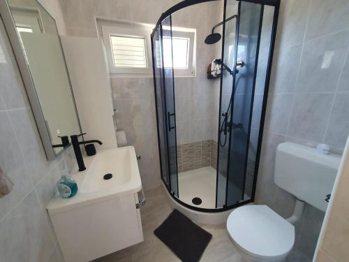 a bathroom with a shower and a toilet and a sink at Anja in Vir