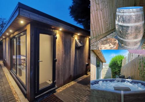 a tiny house with a tub next to a barrel at Luxury Cabin with Hot-Tub & Cold Plunge! in Cheltenham