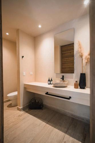 a bathroom with a sink and a toilet and a mirror at Ka'ana Condo in Tulum