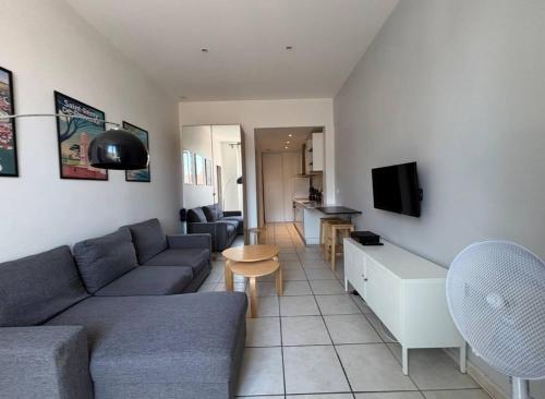 un salon avec un canapé et une télévision dans l'établissement Appartement pour 2 à 4 personnes proches du centre, à Avignon