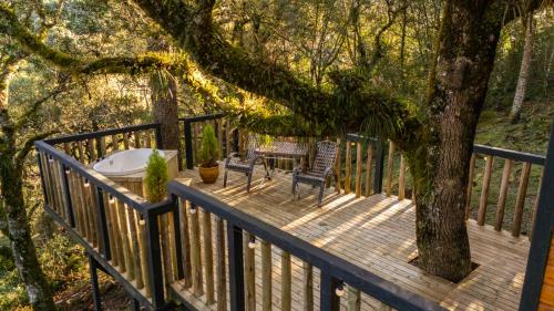 a wooden deck with a tree and a table and chairs at Cascata dos Amores in Urubici