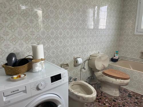 a bathroom with a toilet and a washing machine at Kouneli's House with Garden in Chios