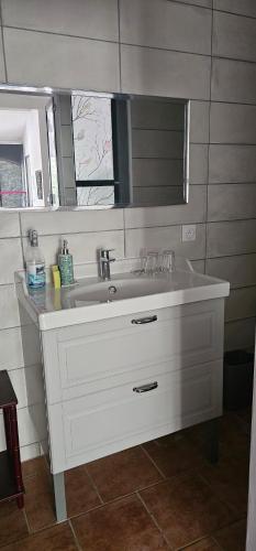 ein Badezimmer mit einem weißen Waschbecken und einem Spiegel in der Unterkunft Appartement à La Bastidonne in La Bastidonne