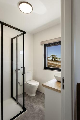 a bathroom with a toilet and a sink and a window at Red Fox Lodge Serra da Estrela in Eirô