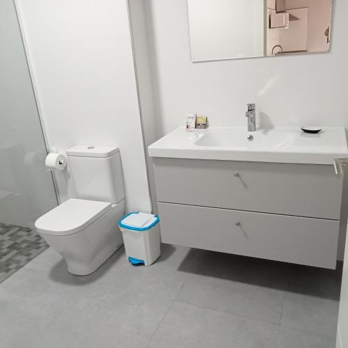 a bathroom with a white toilet and a sink at Casa Mariví in Niembro