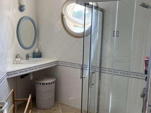 une salle de bain avec une douche, un lavabo et un miroir dans l'établissement Charmante villa avec terrasse près de la plage - FR-1-831-11, à Biscarrosse