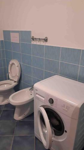 a bathroom with a washing machine and a toilet at Apartment Vinisio a Maratea in Maratea