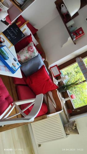 a living room with a couch with red pillows at Ferienwohnung Wiesmühlstrasse in Henndorf am Wallersee