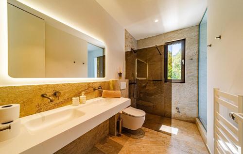 a bathroom with a sink and a toilet and a mirror at Cozy Home In Prizba, Blato in Prizba