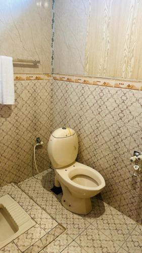 a bathroom with a toilet in a tiled room at FOG LAND GUEST HOUSE nathia gali kala bagh in Nathia Gali