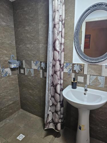 a bathroom with a sink and a shower curtain at casa la meduza in Vama Veche