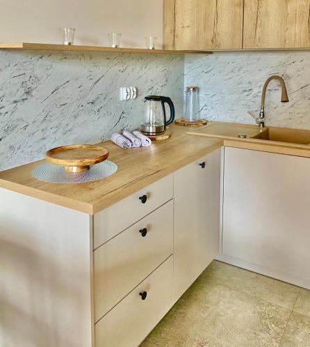 a kitchen with a counter top with a sink at Apartament Gruszowe Sady Nowaka 6 in Olsztyn